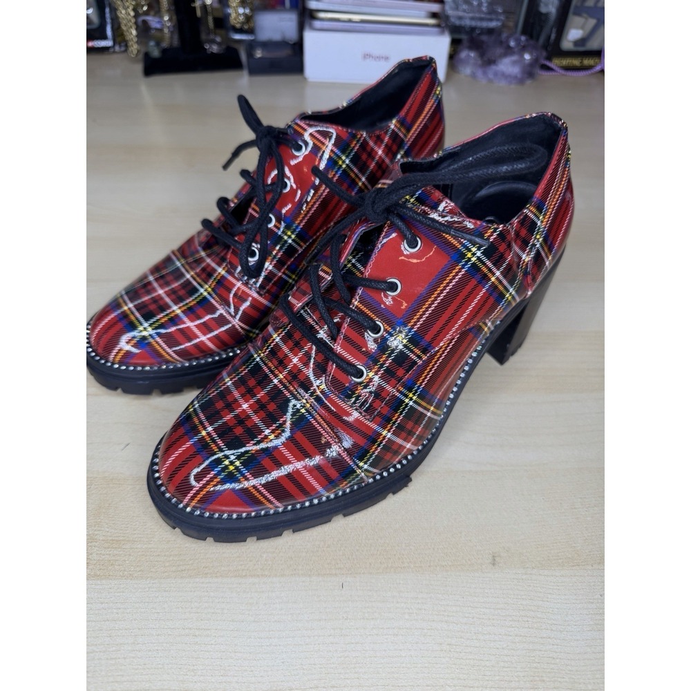 Jessica Simpson Resina Red Plaid Chunky Heel Oxford Lace-Up Platform Lug Sole 8M